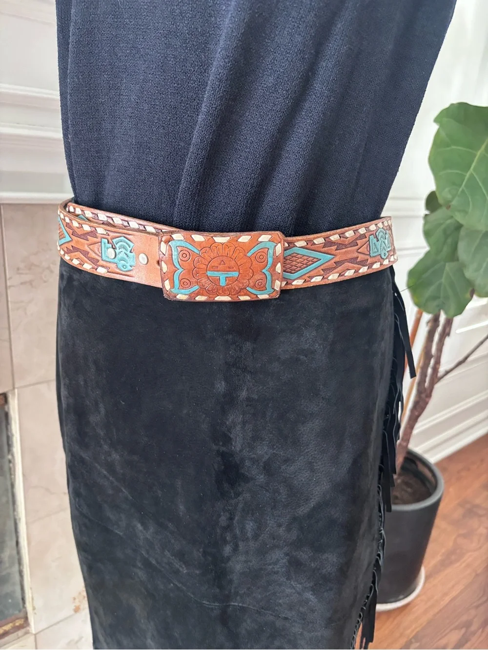 Vintage Genuine Leather Southwestern Tooled Belt Turquoise Hand Laced